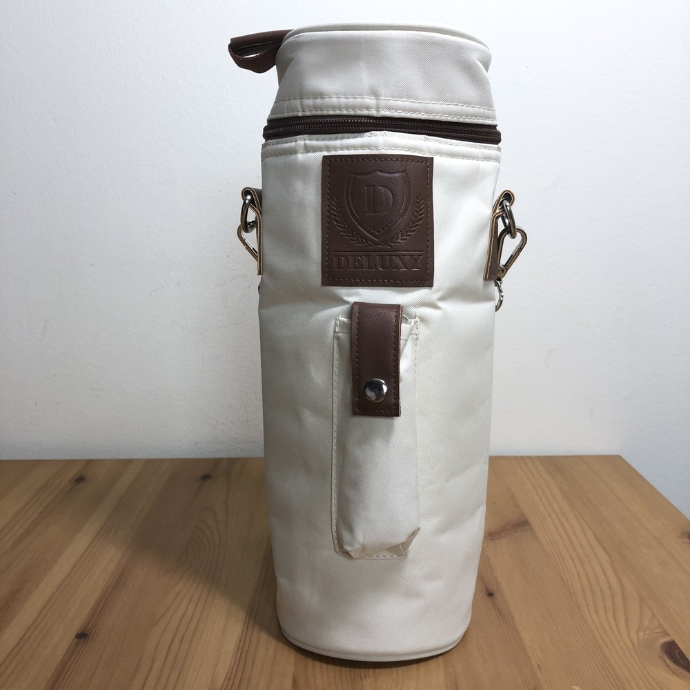Deluxy Single Bottle Insulated Wine Carrier Cooler Tote Bag Beige Bottle Opener